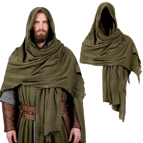 ZZXIAOJIE Medieval Shawl Cloak with Hood Men Renaissance Scarf Vintage Pirate Cape Wizard Cowl Halloween Cosplay Costume