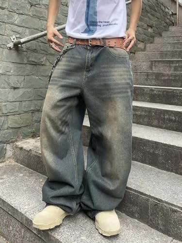 Image of KOTTY Baggy-Fit Denim: Men Zip Fly Washed Cotton Spandex Lightweight Durable Everyday Streetwear Baggy Fit Jeans