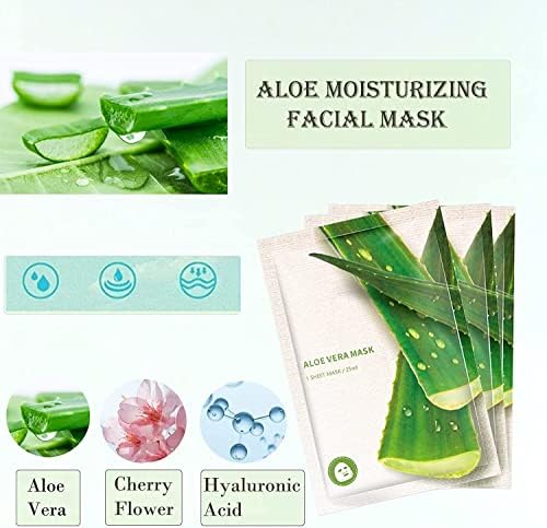 Aloe Vera Korean Facial Sheet Mask Pack, Aloe Vera Skincare Hydrating & Nourishing & Natural Ingredients for All Skin Types Moisturizing Essence Skincare (10pcs)