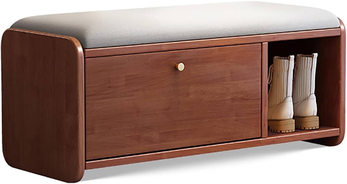 Banc à chaussures en noyer 99cm avec coffre rembourré pour entrée