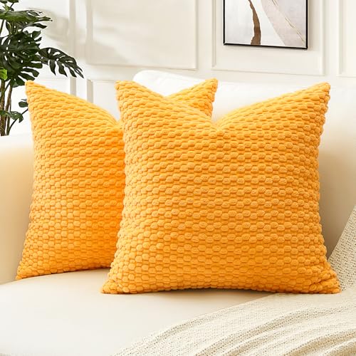 Artscope Pom Poms Decorative Corduroy Cushion Covers 40x40cm Super Soft Boho Striped Square Pillow Covers Case Geometric for Sofa Couch Bedroom Car Decor Set of 2, Golden