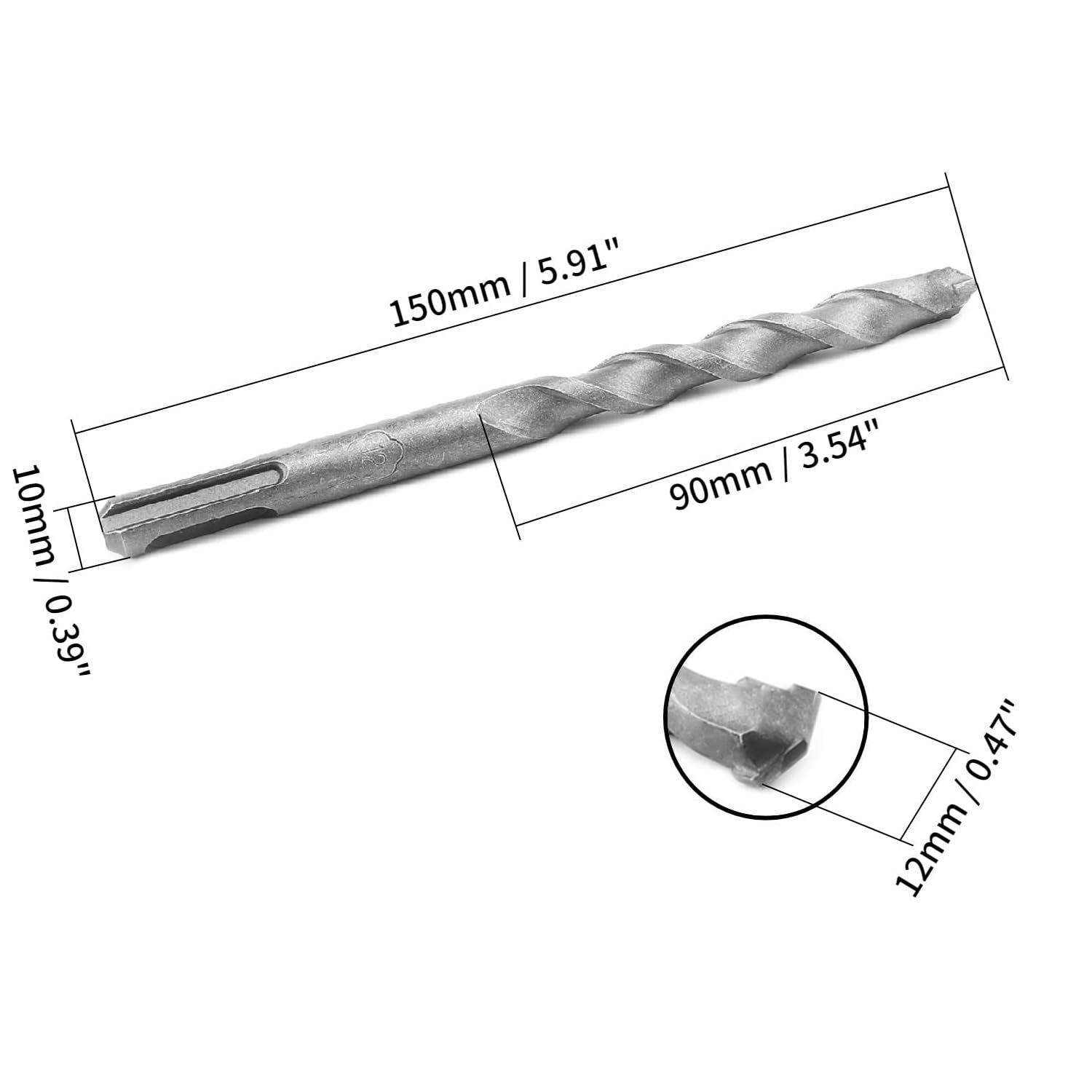 Masonry Drill Bit 12mm x 150mm Carbide Tipped Rotary Hammer Bit 10mm Round Shank for SDS Impact Drill