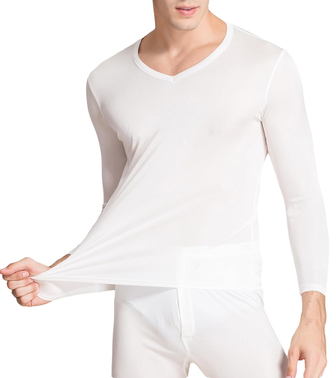 Chemise à manches longues en soie pour homme - Sous-vêtement thermique - Col en V - Couche de base en soie de mûrier