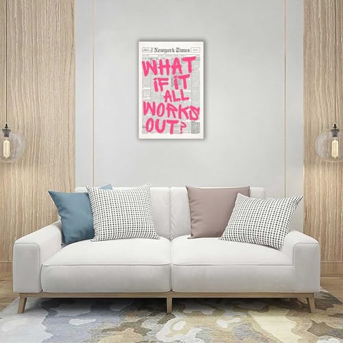 Image of Drimiler Retro Newspaper Pink Font Poster What If It All Works Out Canvas Wall Art Positive Affirming Quote Minimalist Prints Painting For Home Bedroom Dorm Wall Decor 12x16in Wframed