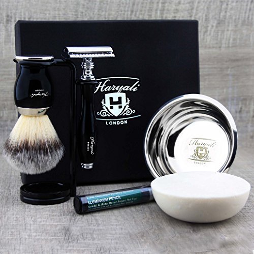 Haryali London, Kit completo da barba per uomo 5 pezzi: rasoio di sicurezza a doppio taglio, pennello da barba sintetico, ciotola da barba, sapone e supporto per la rasatura tradizionale a umido