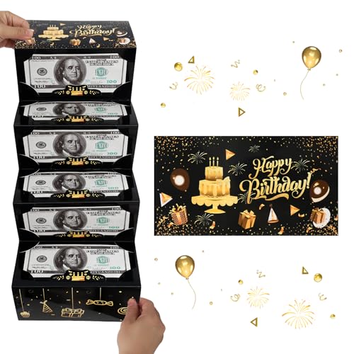 Birthday Money Envelopes for Cash Gifts, Happy Birthday Money Holder with 6 Slots, Cash Envelopes Surprise Birthdays Money Gift Ideas for Women Men Girls Boys Daughter Son Parents, Black Gold