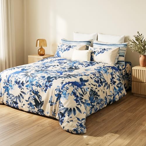 Image of Digitally Printed Premium Bedsheet Set | 300 TC 100% Cotton 1 Queen Bedsheet Set | Extra Smoothness with Sateen Weave| Blue Bird Bedsheet Set (1 Flat Sheet + 2 Pillow Cases)