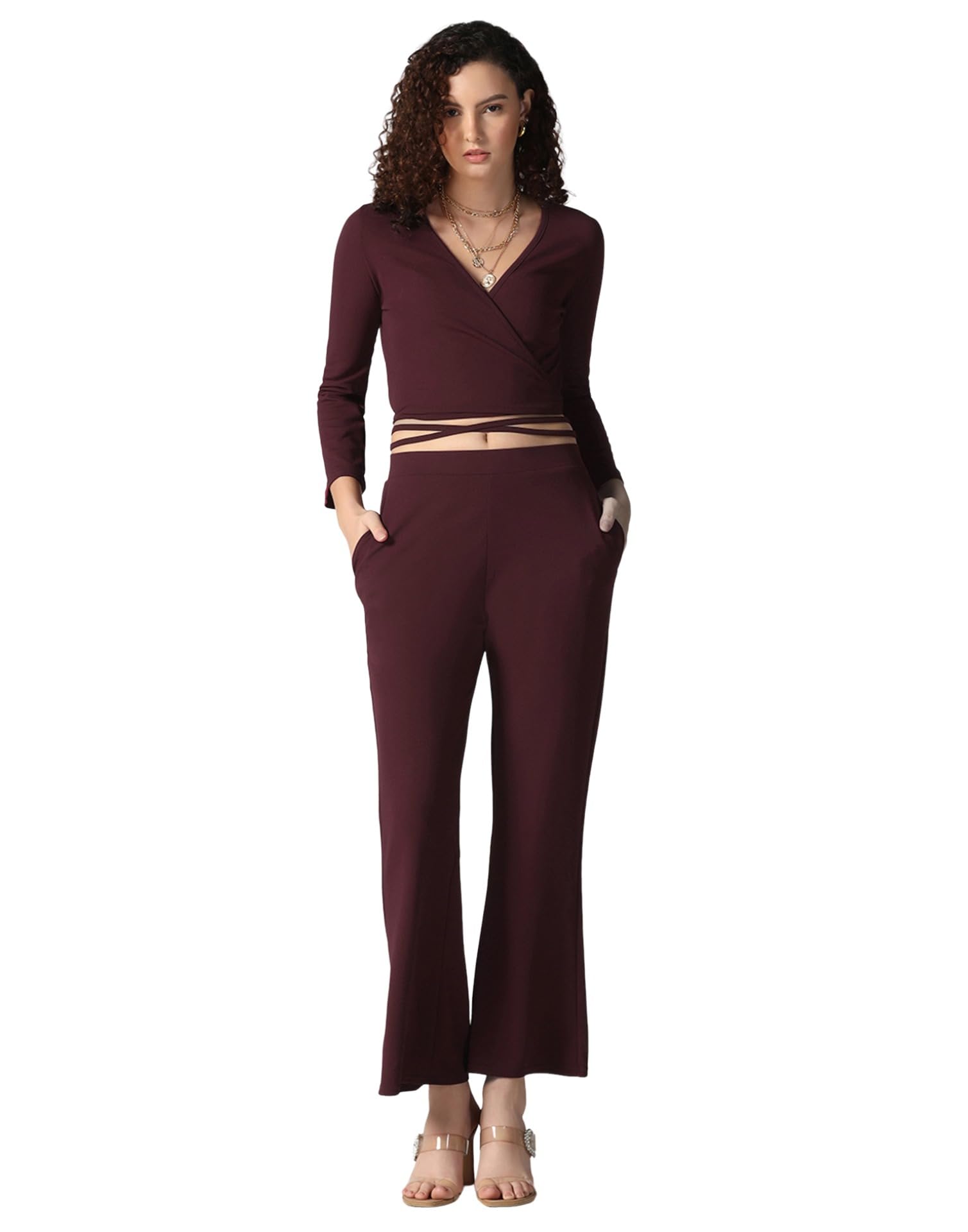 Wine Lycra Co-ord Set for Women, V-Neck Wrap Top and Trouser Pant-image-45