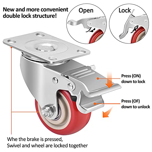 3 Inch Industrial Heavy Duty Swivel Caster Wheels with Brake,Set of 4 Safety Locking Casters,Load 1600lbs,Premium Polyurethane Wheels for Table, Trailer, Saw Table, Stage Toolbox, Bed, Corn Board