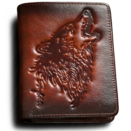 Mens Wallet With Coin Pocket,Wolf Bifold Wallets For Men Leather RFID Blocking,Gift for Him (brown)