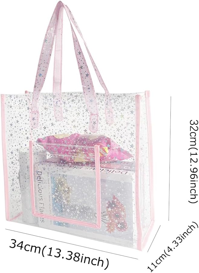 Clear PVC Tote Bag with Pink Star Print, Zippered Closure for Shopping 13.38"x4.33"x12.96"