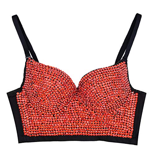 Ellacci Women's Rhinestone Diamond Push Up Bustier Crop Top Sexy Punk Corset Bra Red Medium #TOP24