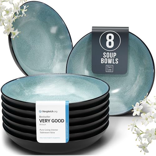 Image of Stoneware pasta bowls set 8 pcs – 7.7" dark petrol blue ceramic plates & salad bowls – Dishwasher and microwave safe – Large soup bowls stylish set – Dinner service Pure Living