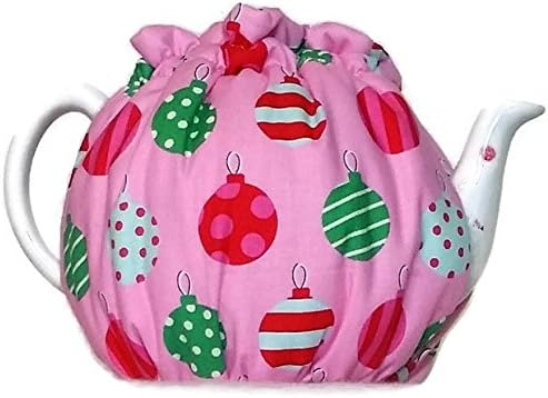 Teapot Cozy, quilted tea warmer with Red, green and white Christmas ornaments on Pink for a 5-8 cup teapot #487