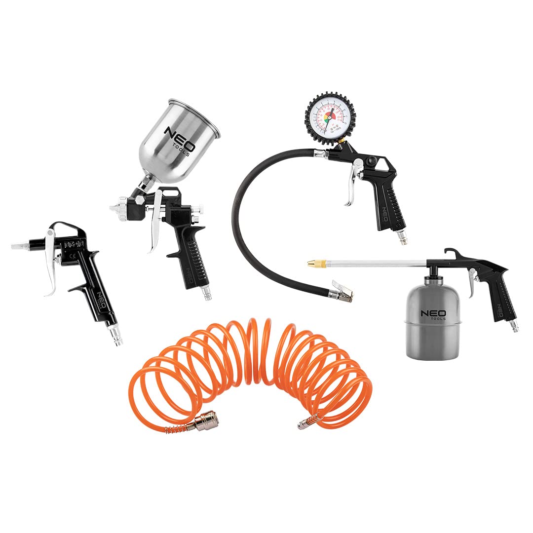 NEO TOOLS Lackierset 5 Elementen: Spritzpistole Obertank, Spülpistole | Blaspistole, Pumppistole, Spiralschlauch, Gewicht 2,3 kg, Werkstattausrüstung, Lackieren, Pumpen, Oberflächenreinigung