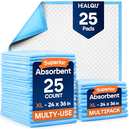 Healqu Disposable Underpads - Incontinence Bed Chux Pads for Adults, Kids, Elderly, and Pets - Fluid and Urine Bed Protection - Large, Super Absorbent Fluff and Polymer (24x36 Pack of 25)