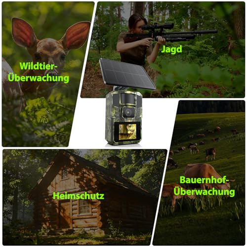 WLAN Solar Wildkamera 4K 48MP mit Handyübertragung APP, Wildtierkamera mit Nachtsicht Bewegungsmelder Eingebaute 5200mAh Lithium-Batterie,64GB SD Karte, 0.1s Auslöser Bewegungsaktiviert, IP65