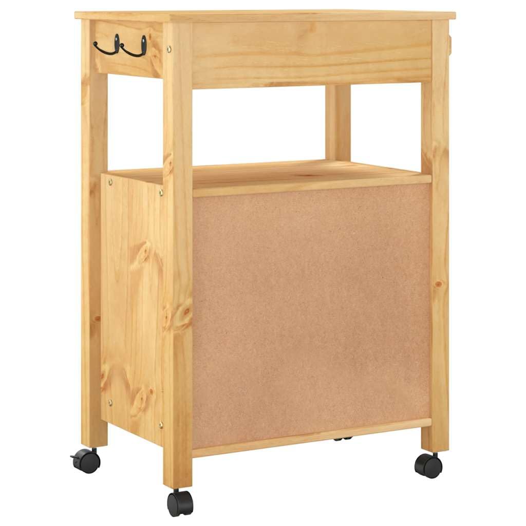 Monza - Carrello da cucina in legno di pino massiccio, 60 x 40 x 88,5 cm, con cassetto, ripiano, portasciugamani e spazio portaoggetti, versatile carrello da portata e carrello con rotelle per