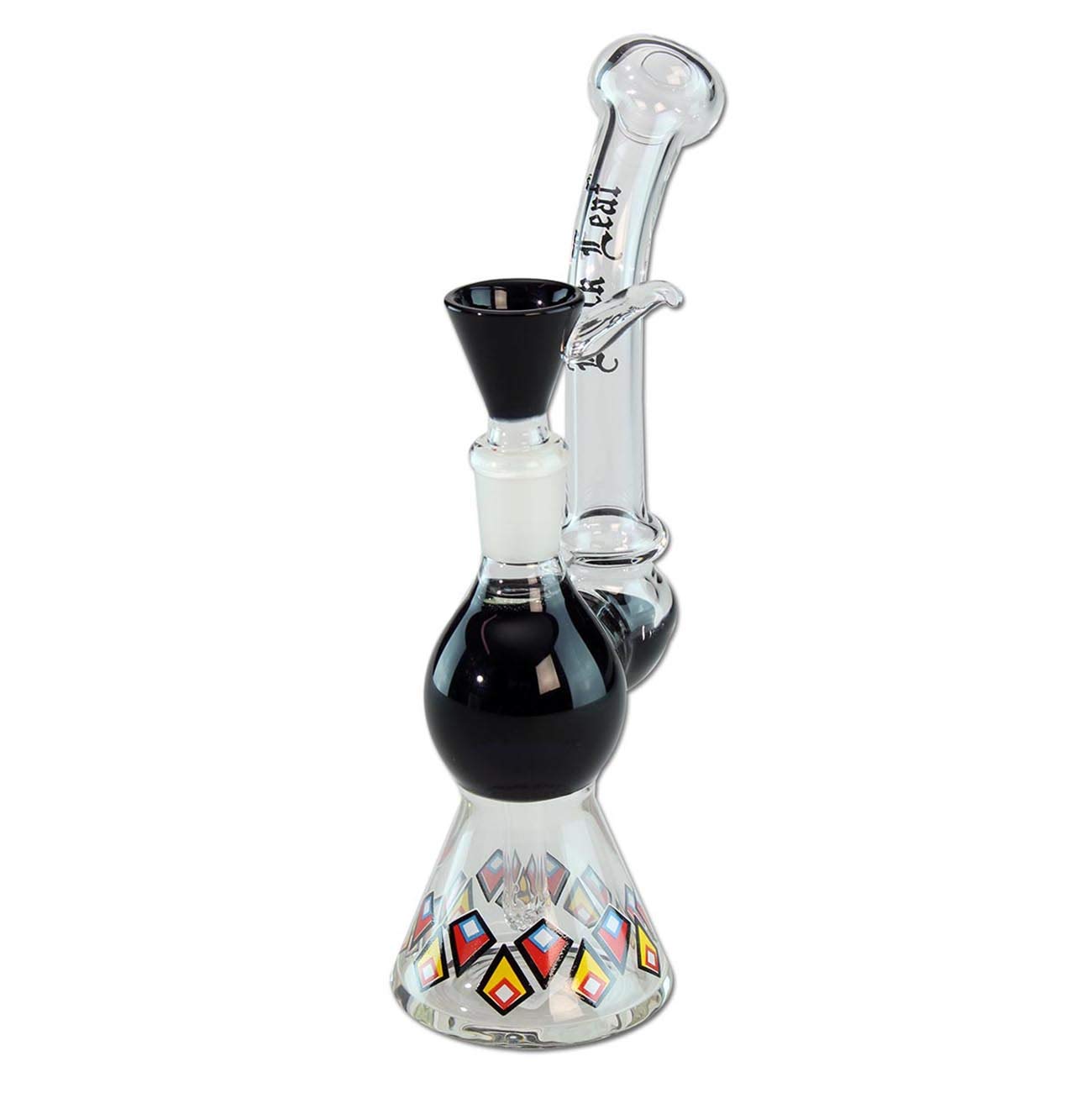 Black Leaf Glasbong mit Lochdiffusor | Klar/Schwarz 19cm | Percolator Bong 14,5 (NS 14) aus Borosilikatglas | Glaspfeife für Kräuter buntes Diamant Design mit Lift-Off-Kopf | Ø 60/16mm