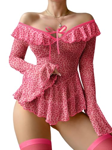 Image of Foxiny Sheer Ruffle Long Sleeve Babydoll Lingerie Dress | Off-shoulder neckline, flared cuffs and a flounce hem add movement; thong and thigh-high stockings complete the 3-piece set