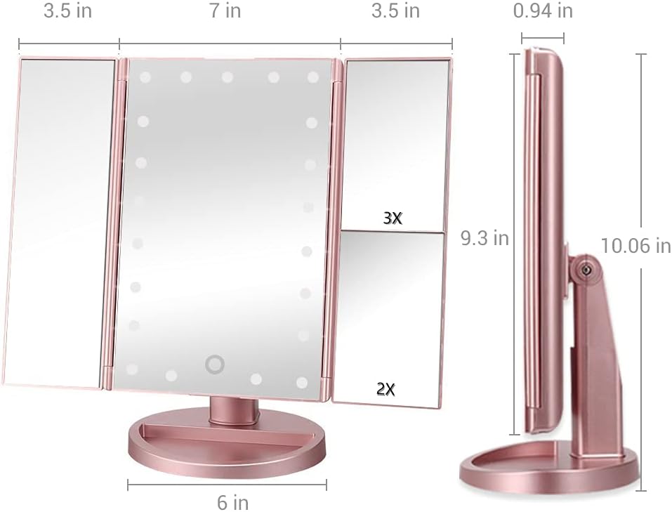 EASEHOLD Makeup Vanity Mirror with 2X 3X Magnifying Dimmable 21 LED Lighted Desk Mirror Adjustable 180 Degree Rotation Touch Screen Dual Power Supply Countertop Portable Tri-Fold Mirror
