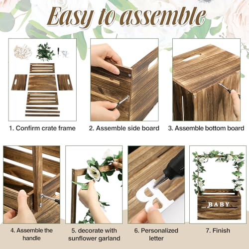 Image of Barydat Wooden Baby Crate Closet, Baby Basket with Handle and Garland Storage Hamper Shower Wooden Gift Crate Letters Self Adhesive for Pregnancy New Parent(Dark Walnut)