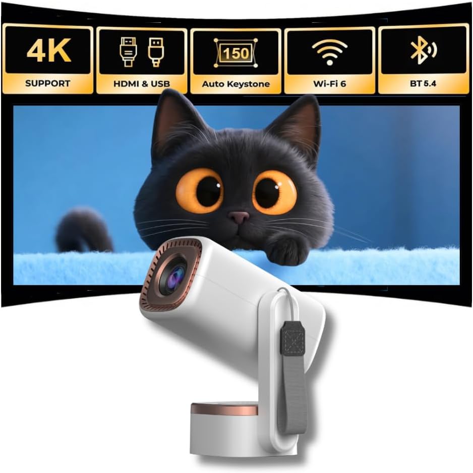 Smart Projector Supports 4K Native 1080P, WIFI6 5G Bluetooth 5.2, 180° Rotation Automatic Keystone Correction,30"-150" Screen Video Projector Indoor & Outdoor Use