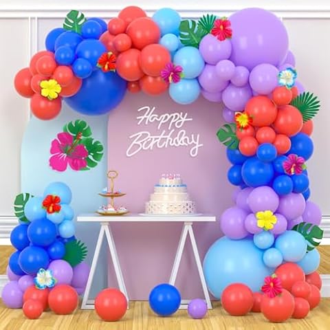 Blue Purple Coral Balloon Arch with Palm Leaves Flower Balloons Garland Kit for Kids Baby Shower Hawaii Tropical Birthday Party Decorations Supplies Cover