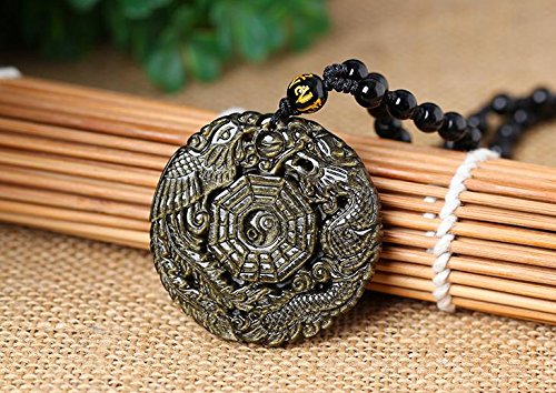 Natural Gold Obsidian Stone Dragon Phoenix Charm Good Luck Beaded Pendant Necklace #TOP2