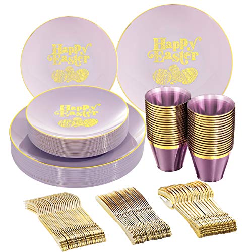 Nervure 150pcs Easter Plastic Plates - Purple and Gold Plates with Easter Egg - Purple Disposable Plates includes 50 Plastic Plates, 25 Knives, 25 Forks, 25 Spoons, 25 Cups for Party