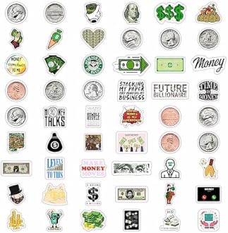 BulbaCraft 100Pcs Money Stickers for Planner, Scrapbooks, Water Bottles - Money Symbol Stickers, Gifts for Women & Men