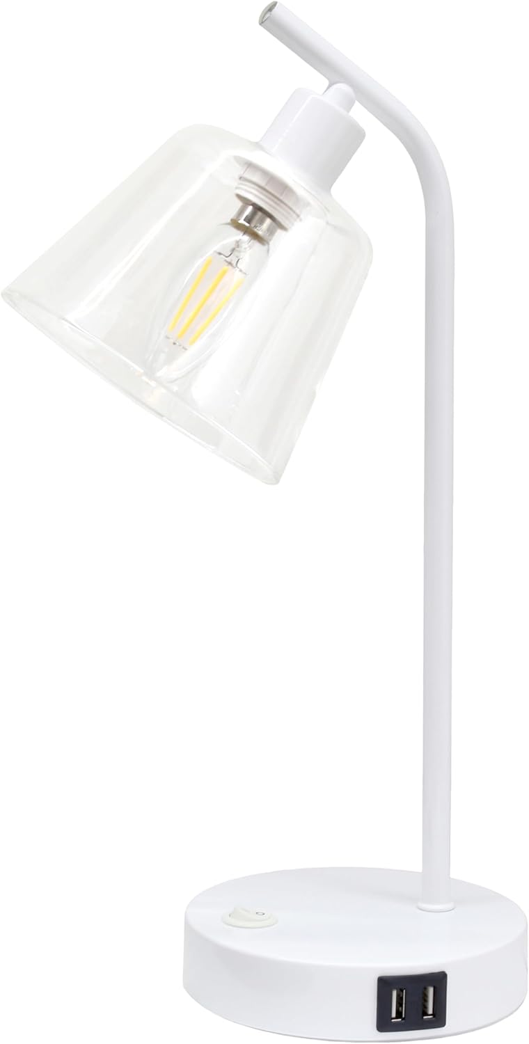 Simple Designs LD1074-WHT 15.75" Sleek Essentials Modern Industrial Metal Desk Lamp with Clear Glass Shade and Dual USB Ports, for Office, Desk, Nightstand, Dorm, White