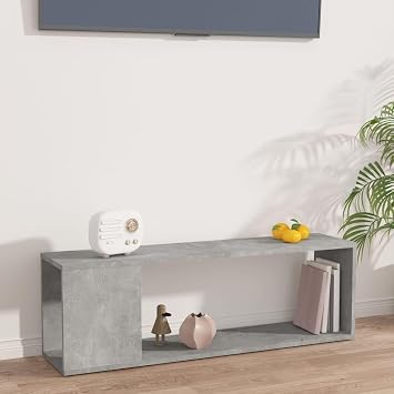 TV Cabinet Concrete Grey 100x24x32 cm Engineered Wood TV Stand with 2 Ample Shelves for Living Room Storage, Slim Lowboard Unit for Bedroom Corridor