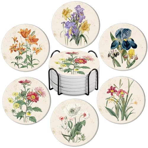 AnyDesign 6Pcs Spring Floral Coasters with Holder Drink Coasters Vintage Wildflower Absorbent Ceramic Cup Mat for Home Kitchen Office Party Table Decor