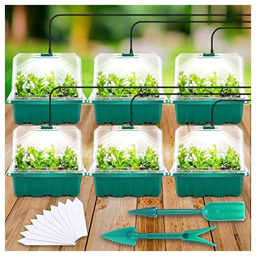 Seed Starter Tray with Light, 6PCS Seed Starter Kit with Grow Light, Seedling Starter Trays with Humidity Domes, Covers Height 3.9", Indoor Gardening Plant Germination Trays (12 Cells per Tray)
