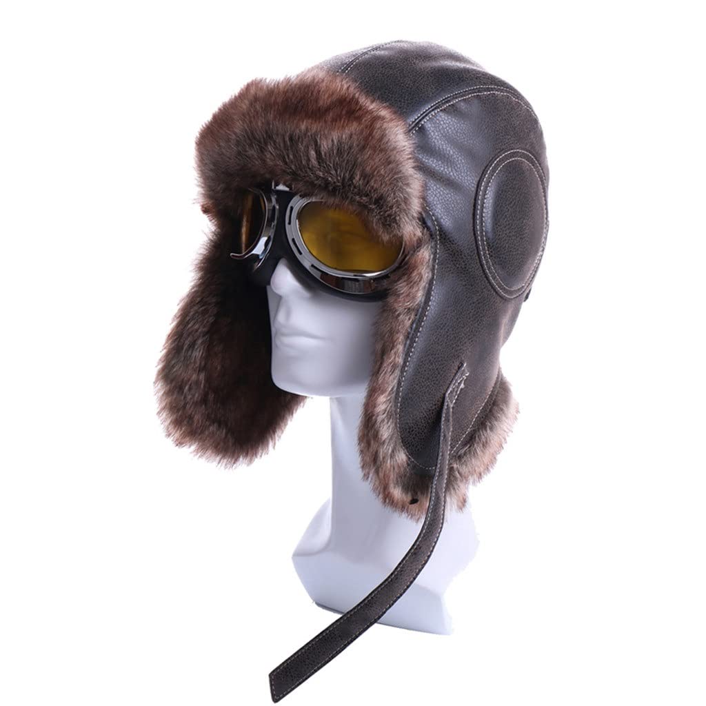 FENOKD Winter Bomber Hats Plush Earflap with Goggles Men Women's Trapper Aviator Hat Snow Caps (D L (55)?D-L (55