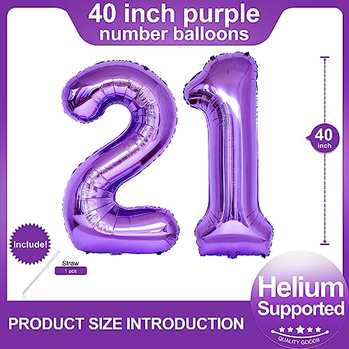Image of Number 21 Purple Balloons 40 Inch Giant Purple 12 Number Foil Helium Balloons for 12th Purple Birthday Party Supplies 21st Anniversary Events Decorations