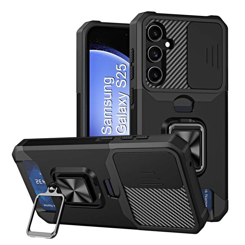 Shockproof Armor Case for Samsung Galaxy S25 | Slide Camera Cover | Hidden Card Slot | Rotating Ring Kickstand | Magnetic Car Mount Support | Military Grade Protection – Black