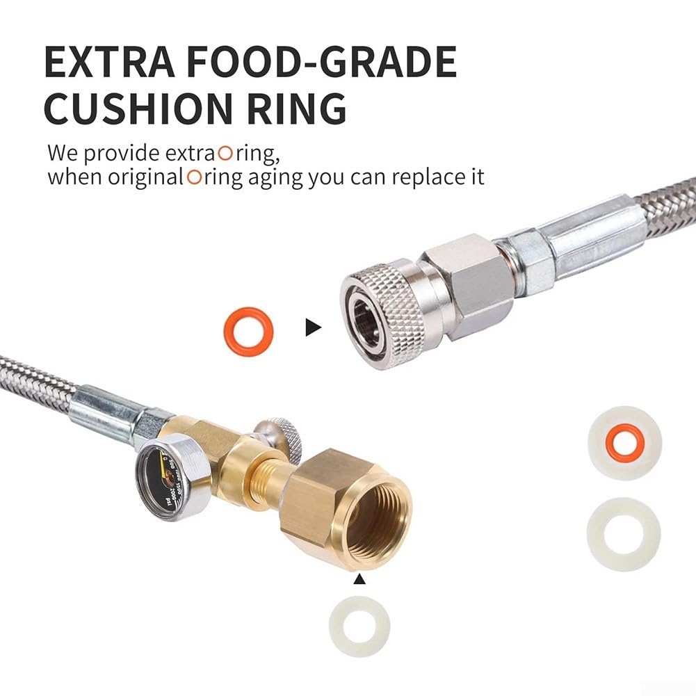 Adaptateur direct pour bouteille de gaz CGA-320 vers TR21-4 de 152 cm | Tuyau haute pression en acier inoxydable, manomètre et valve de purge pour machines à gazéifier Sodastream, Drinkmate, Aarke,