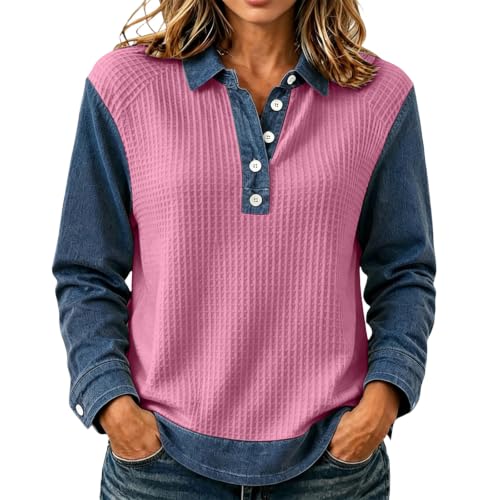 Waffle Shirts for Women Denim Patchwork Collared Button Lightweight Tops - image 1