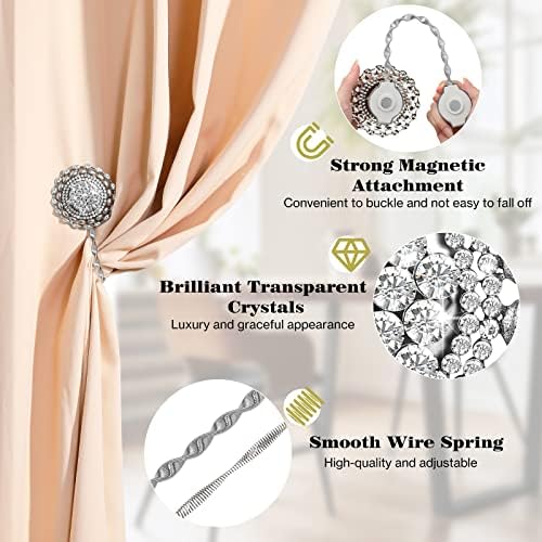 Shinowa 2-Pack Crystal Magnetic Curtain Tiebacks, Sparkling Flower Window Curtain Decorative Clips, Stretchy Spring Wire No Drilling Drapery Holdbacks Curtain Holders for Home Decor, White