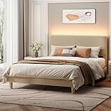 Bestier Queen Bed Frame with Adjustable Headboard, LED Lighting, Vertical Channel Tufted Corduroy Upholstered, Solid Wooden Slats Support, No Box Spring Needed, Never Squeaks, Easy Assembly, Taupe