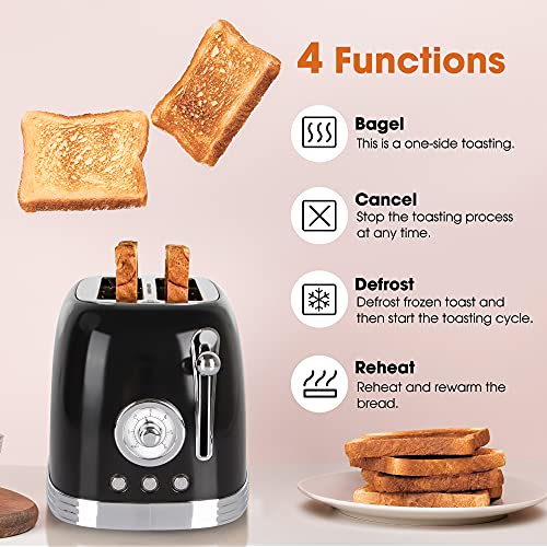 Crownful 2-Slice Toaster, Extra Wide Slots Toaster, Retro Stainless Steel With Bagel, Cancel, Defrost, Reheat Function And 6-Shade Settings, Removal Crumb Tray, Black #TOP1
