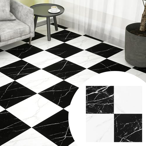 Sol vinyle marbre noir et blanc imperméable | 20 dalles adhésives rénovation cuisine et mur