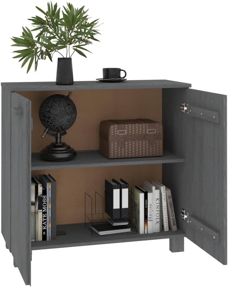 Dark Grey Solid Pine Wood Sideboard with MDF Large Storage, 2 Doors and Built-in Shelves for Living Room Dining Area, Rustic Style Furniture for Home Decor, Durable Lacquered