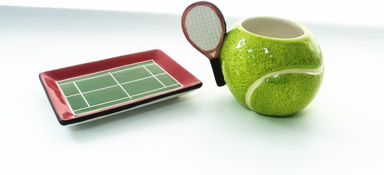 Ceramic Coffee Mug and Saucer set, 3D Handmade and Hand-painted Tennis and Tennis Court Design Tea Mug, 250ml(8.45oz)