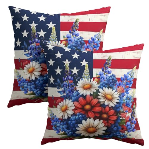 4th of July Patriotic Flower Pillow Covers 12x12 Set of 2