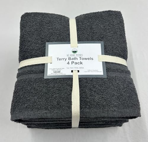 NC HOME TRENDS Terry Bath Towels 4 Pack, Dark Grey Cotton Blend Bathroom Towels, 30 x 60 Inch (76 x 152 cm), 360 GSM Shower Towels for Bathroom, Gym, Spa & Everyday Use