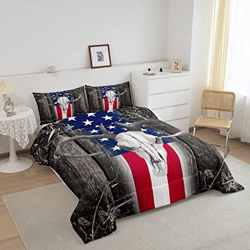 Manfei Bull Skull Comforter Set Full Size, American Flag Quilt Set With 2 Pillowcases, Rustic Farmhouse Grey Wooden Plank Bedding Set 3Pcs For Kids Boys Teens Bedroom Decor Boho Tribal Duvet Insert #TOP1