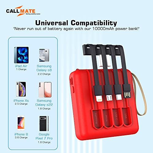Image of Callmate DX10S Power Bank 10000mAh Li-Polymer with 2.1 Fast Charging with 1 USB Port and Digital Battery Indicator, in-Built 3 in 1 Cable (Red,Black)